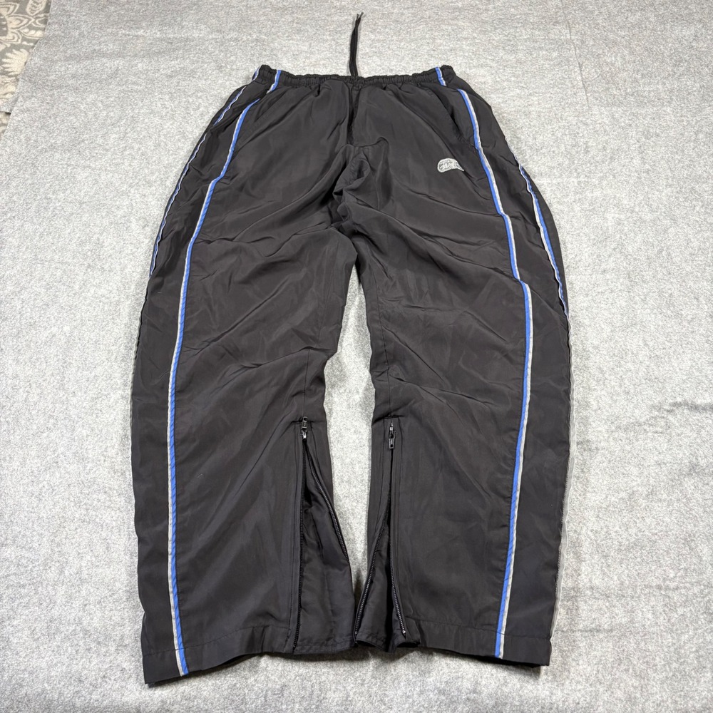 90s Stussy Mens Black Nylon Track Pants Blue Side Stripe Mesh Lined Size Medium